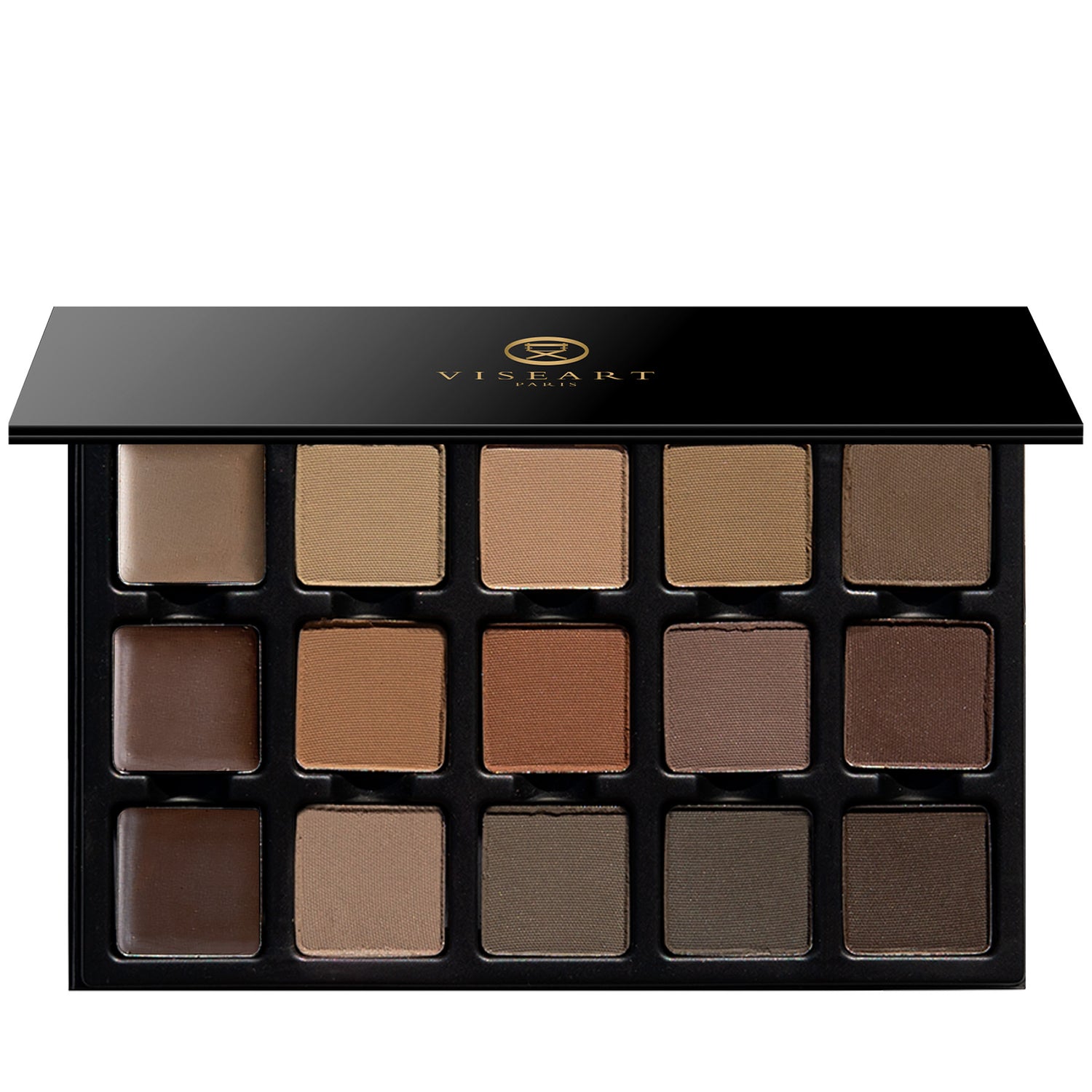  Open VisePRO™ 15-Pan Structure Palette displaying 3 waxes and 12 pressed powders in a range of neutral, ash, and auburn tones for brows, hairlines, and contouring.