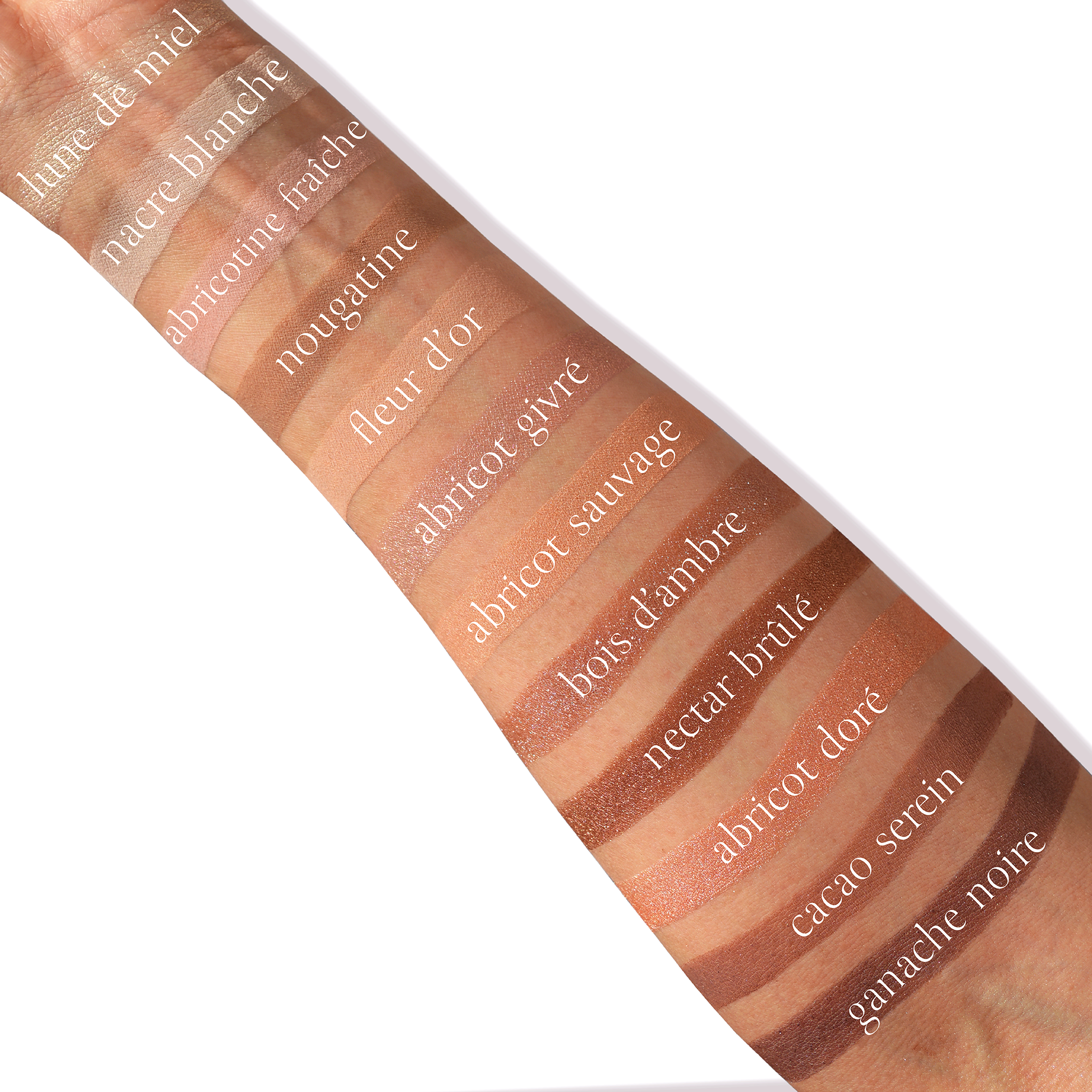 Swatches of Apricotine Lumière Étendu eyeshadow palette fair skin, deep skin, shimmer matte, duochrome