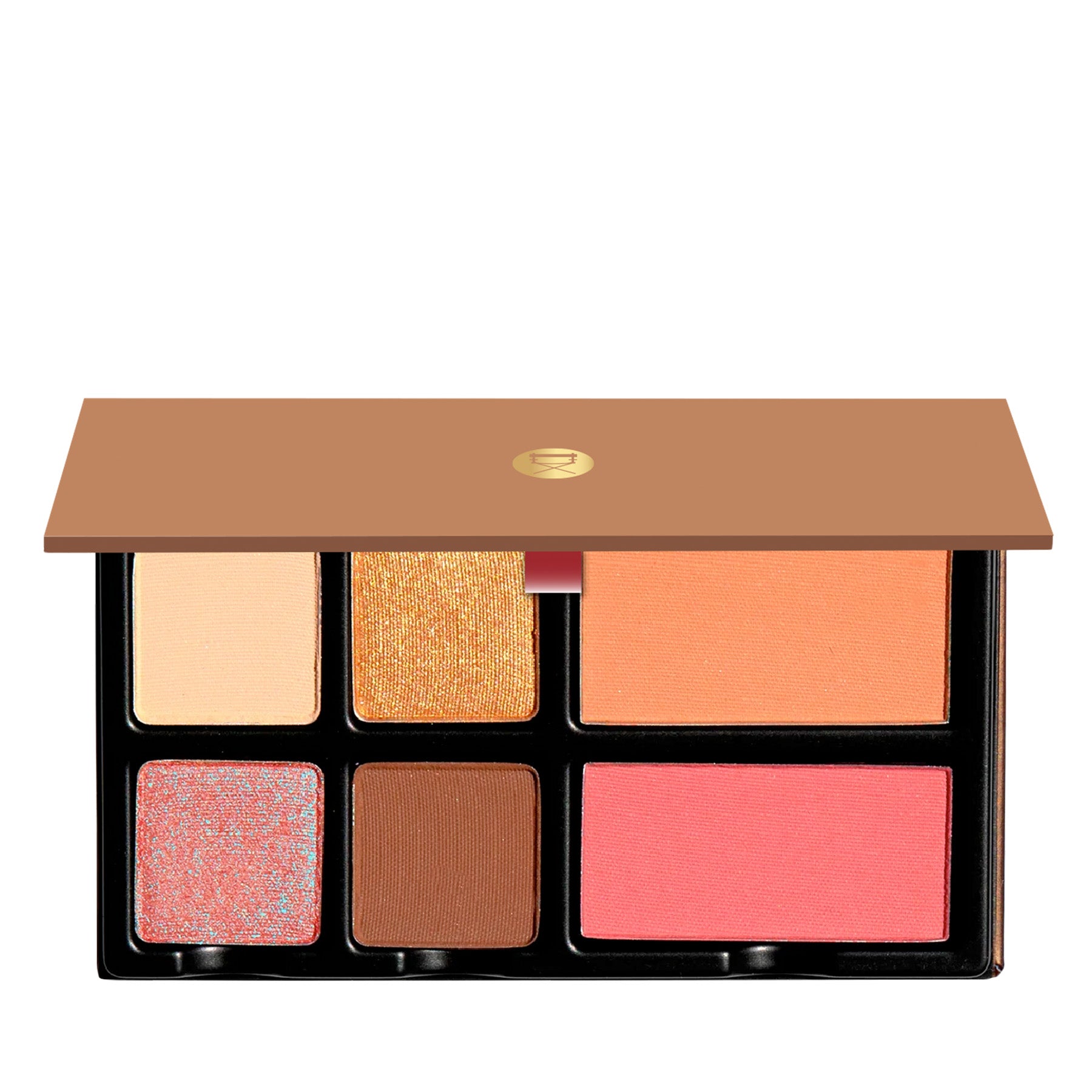 Fleurette Bisous open palette with rose pink, petal peach, and coral tones in matte and satin shimmer finishes for cheeks and eyes.