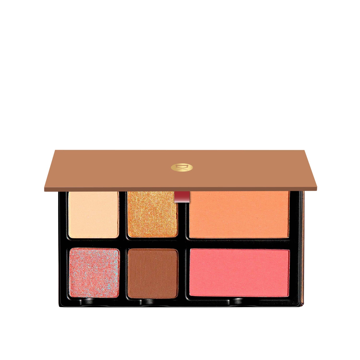 Fleurette Bisous open palette with rose pink, petal peach, and coral tones in matte and satin shimmer finishes for cheeks and eyes.