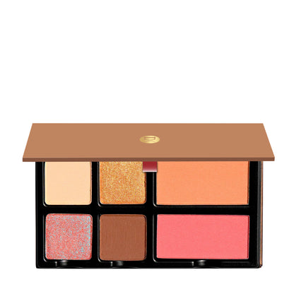 Fleurette Bisous open palette with rose pink, petal peach, and coral tones in matte and satin shimmer finishes for cheeks and eyes.