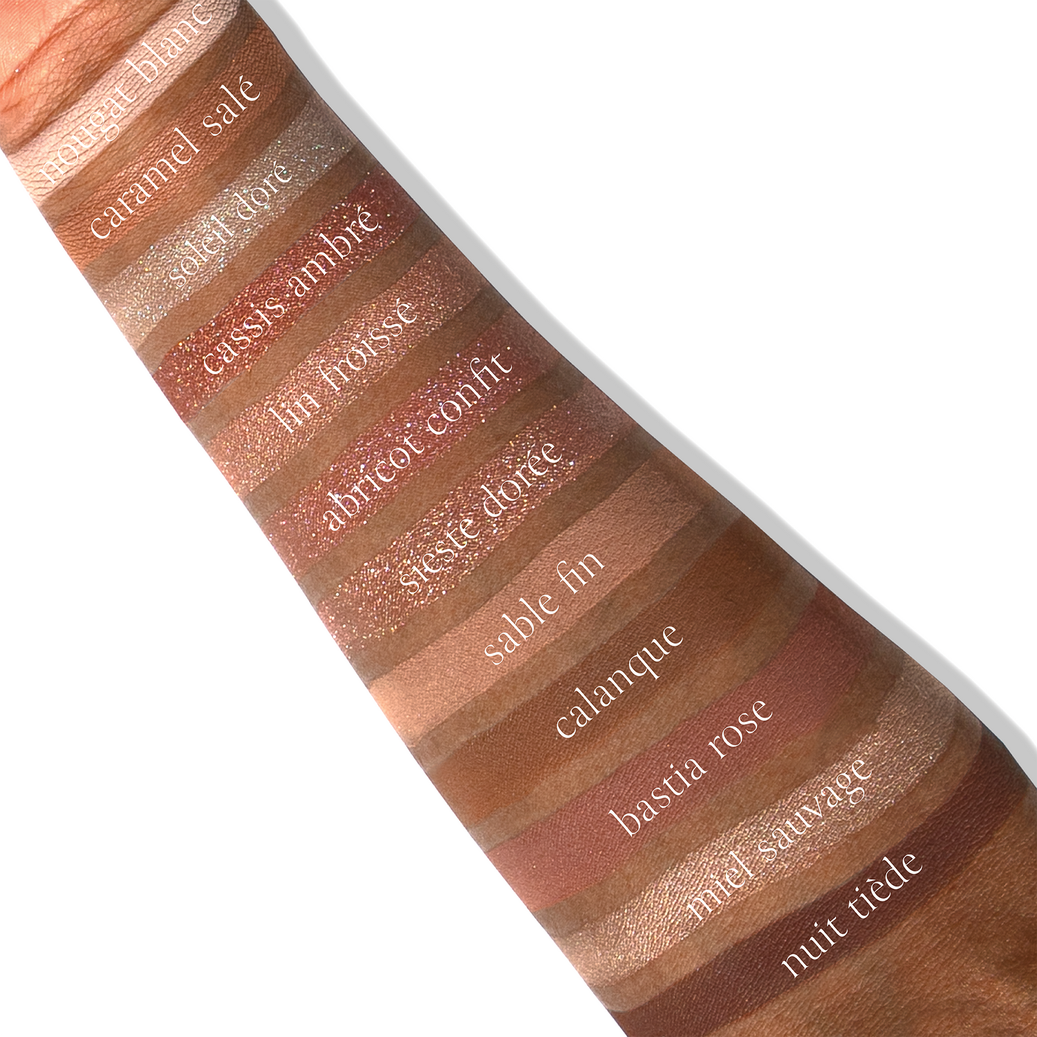 Swatches of Bon Bon Praline Étendu eyeshadow palette, deep skin, shimmer, matte, duochrome
