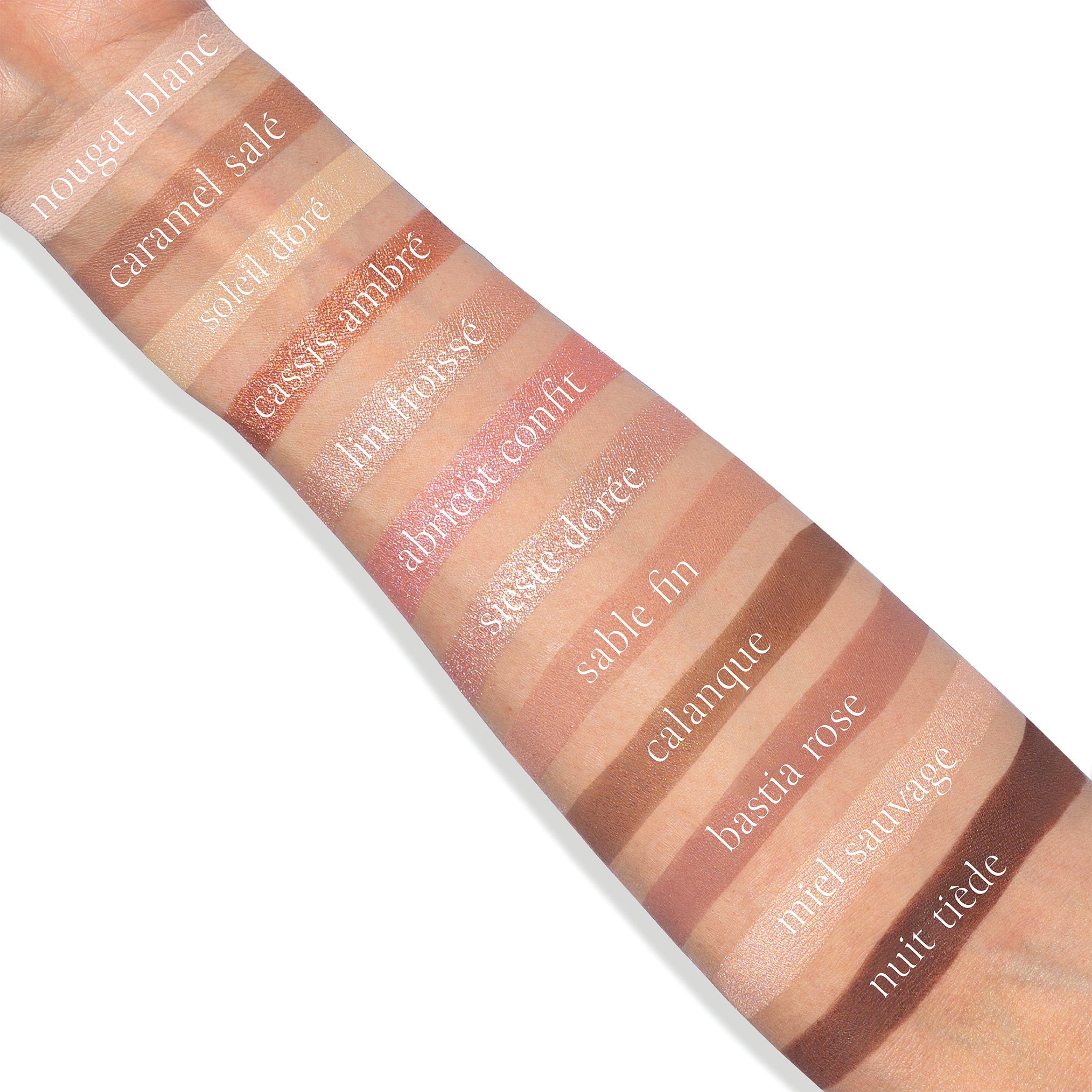 Swatches of Bon Bon Praline Étendu eyeshadow palette, fair skin, shimmer, matte, duochrome