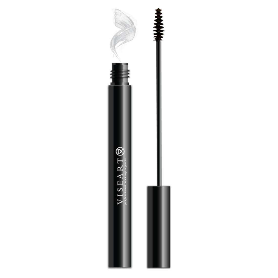 Viseart Clear Brow Setting Gel in a sleek, transparent tube with a black cap, showcasing the clear gel formula and precision spoolie applicator.