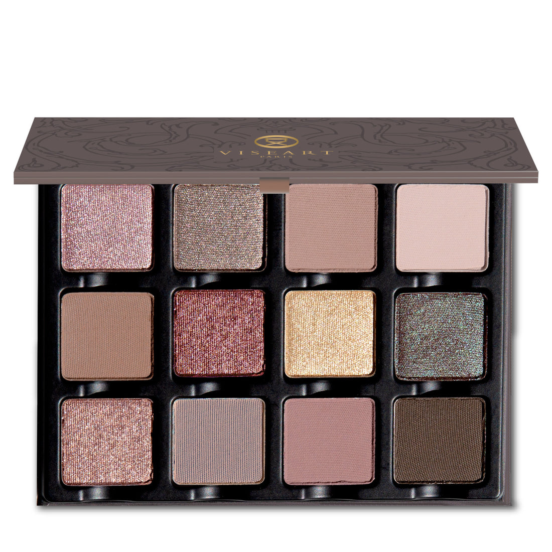 Open Cashmerie Charmeuse Étendu palette with plush mattes and high-shine shimmers in mauve, plum, and pewter tones.