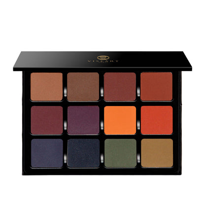 Open palette with deep matte shades like navy, oxblood, and bark, ideal for smoky definition and deep sculpting.