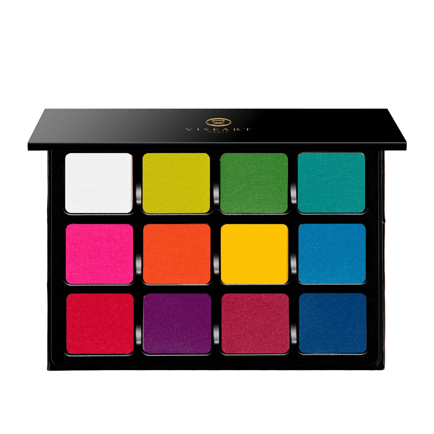 Open palette of 12 vivid matte brights including red, cobalt, yellow, and green, designed for editorial and artistic looks.