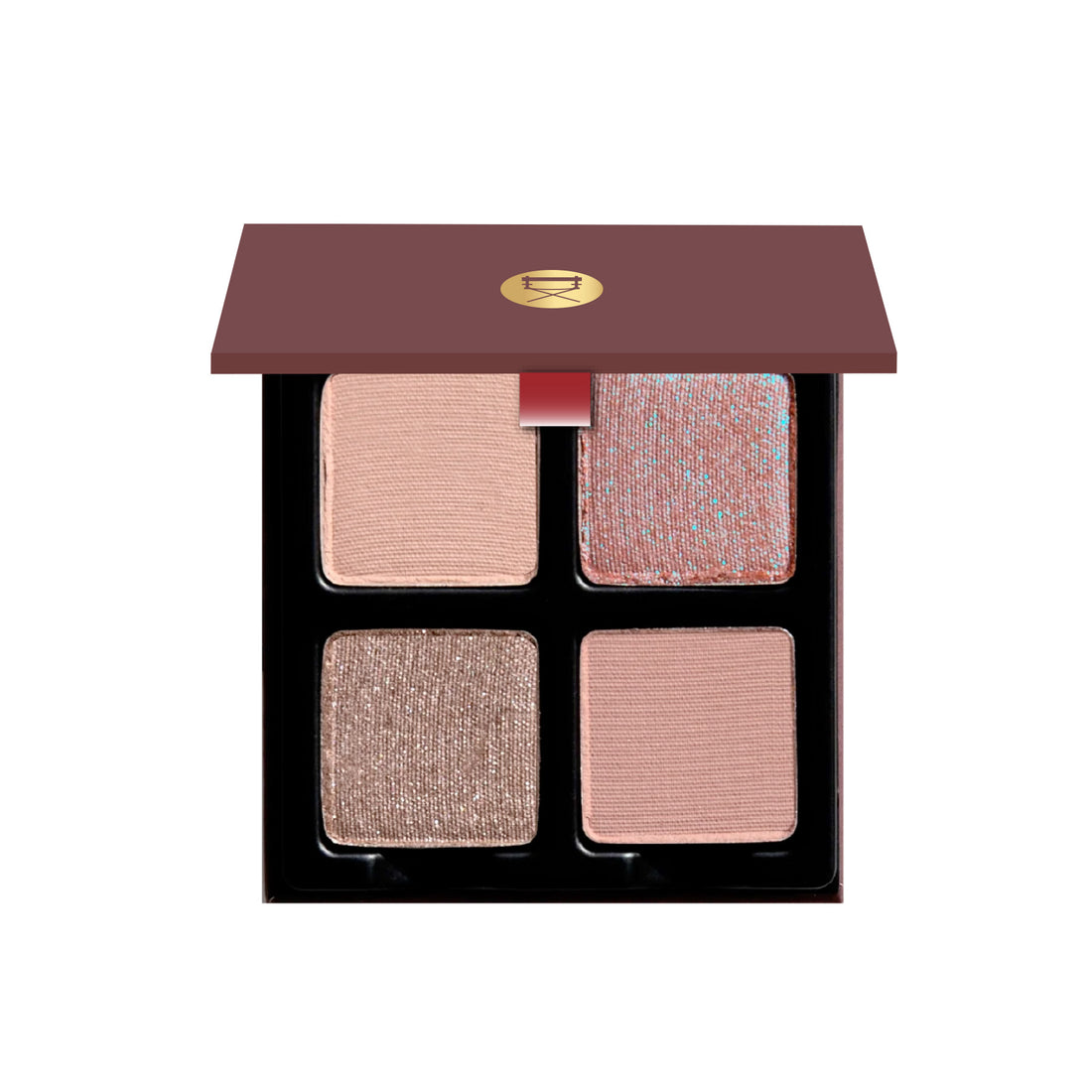 Open Petits Fours - Hesperides 4-pan palette on white background showcasing matte and metallic pressed powders in rose, mauve, and nude hues.