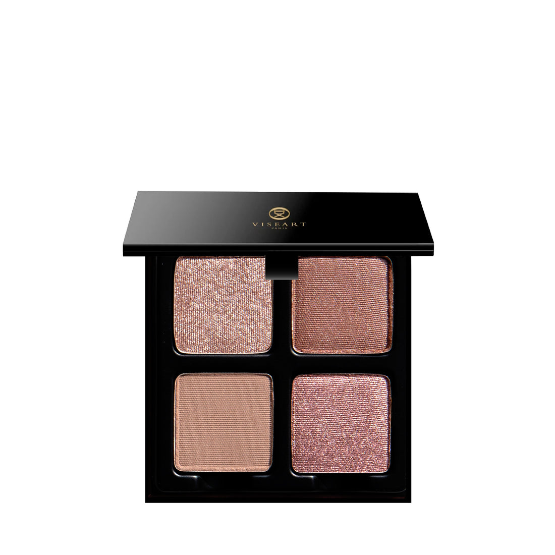 Open Petits Fours - Isolde 4-pan palette on white background showcasing pressed powders in rose, nude shimmer, and soft satin tones.