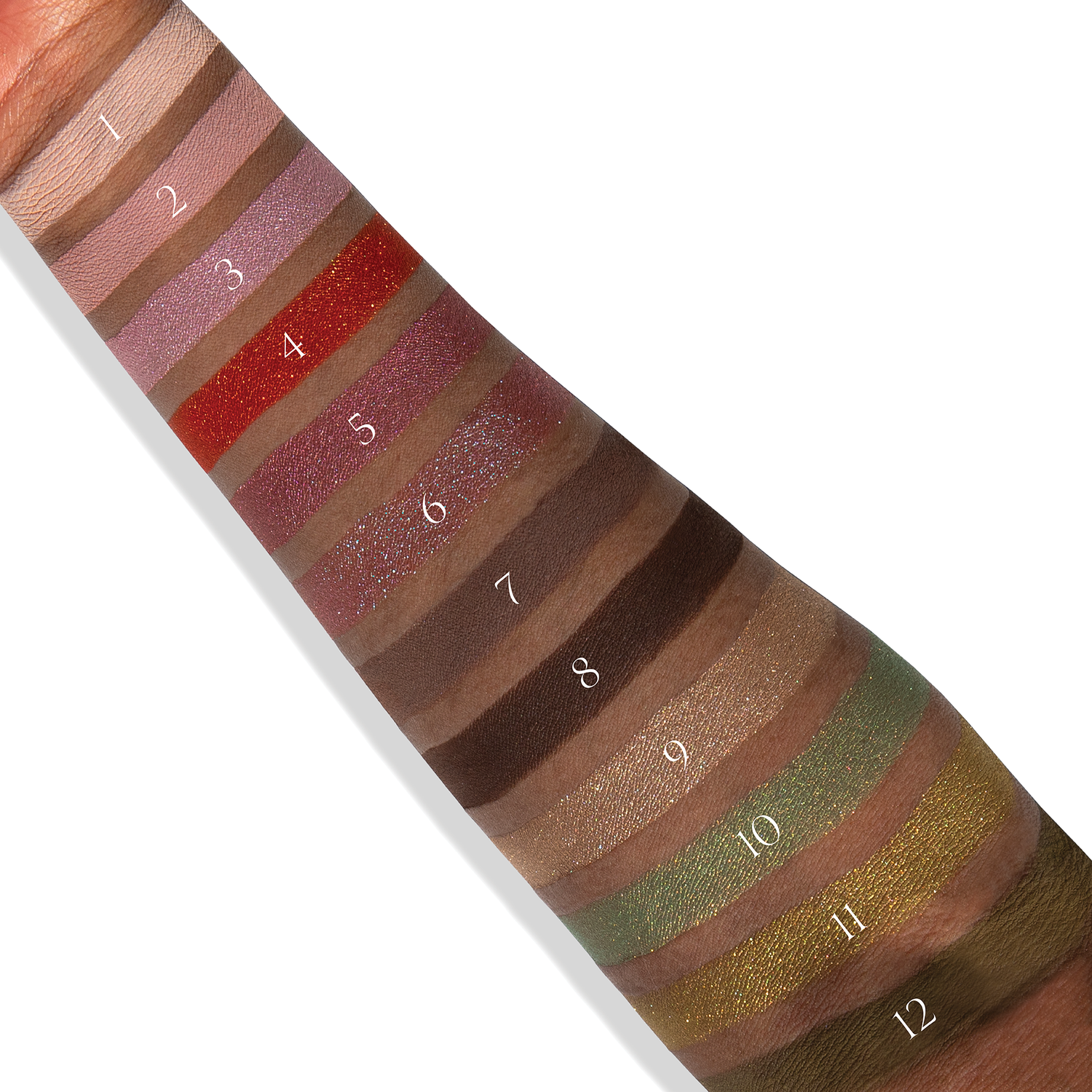 Swatches of Viseart Paris Lisa Says Gah Bloomingdale’s eyeshadow palette on light and deep skin tones
