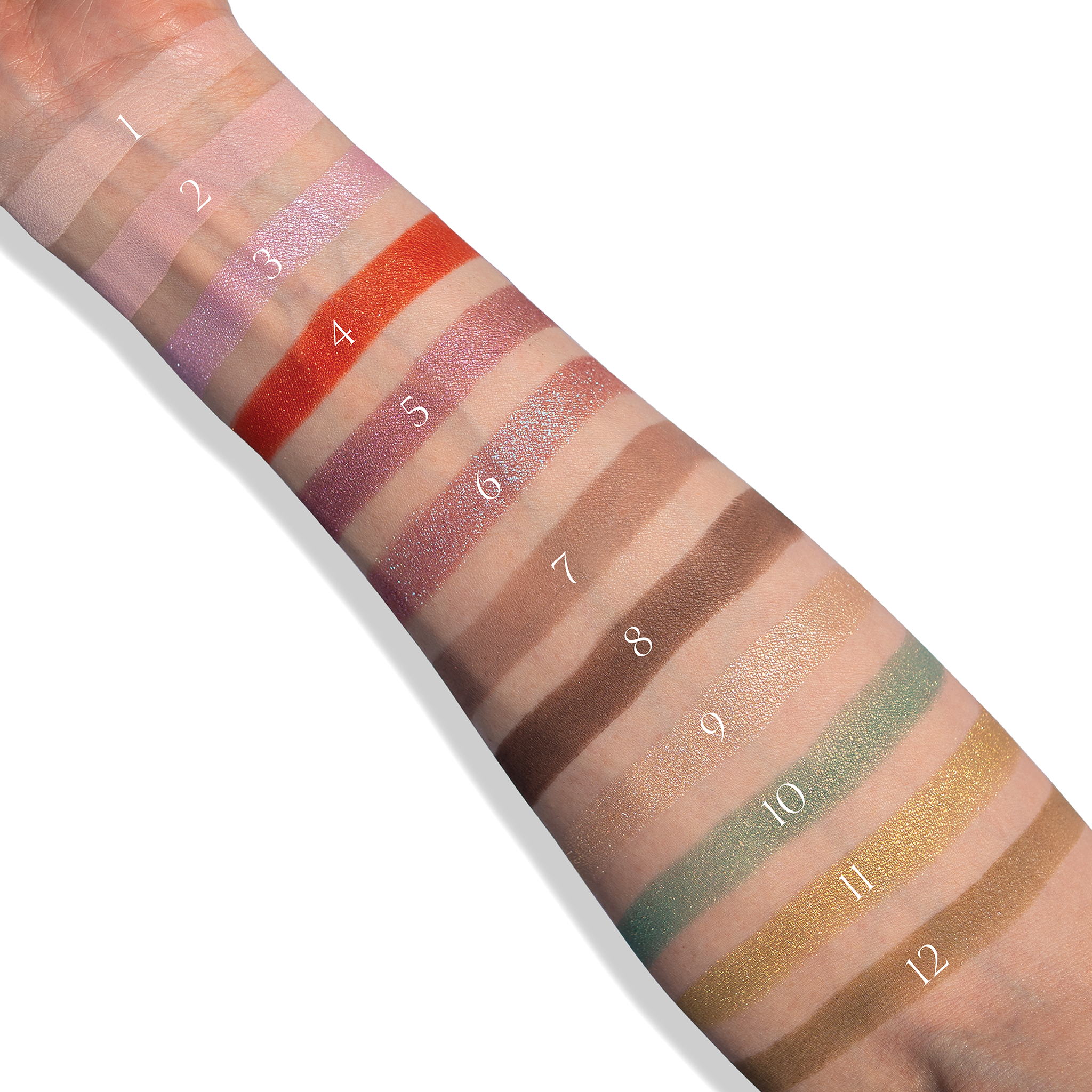 Swatches of Viseart Paris Lisa Says Gah Bloomingdale’s eyeshadow palette on light and deep skin tones
