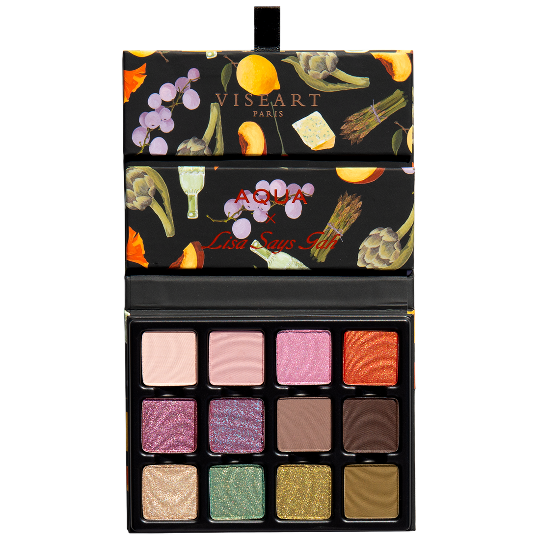 Open Viseart Paris Lisa Says Gah Bloomingdale’s palette displaying 12 shades, matte, satin, duochrome textures 