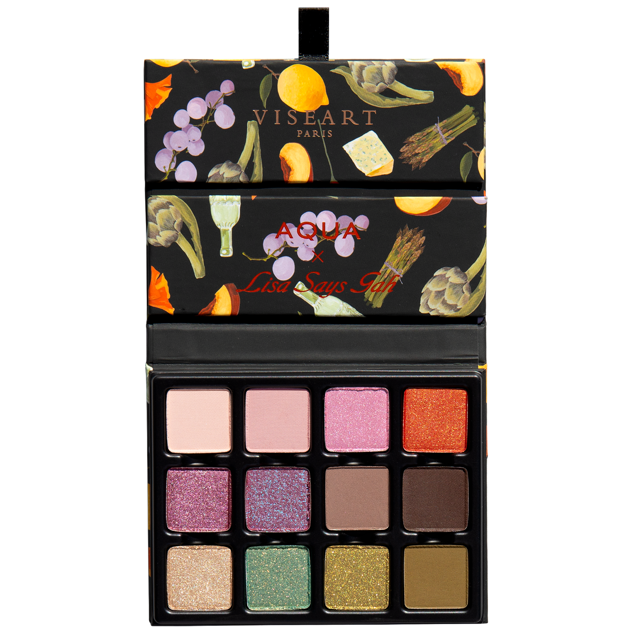 Open Viseart Paris Lisa Says Gah Bloomingdale’s palette displaying 12 shades, matte, satin, duochrome textures 