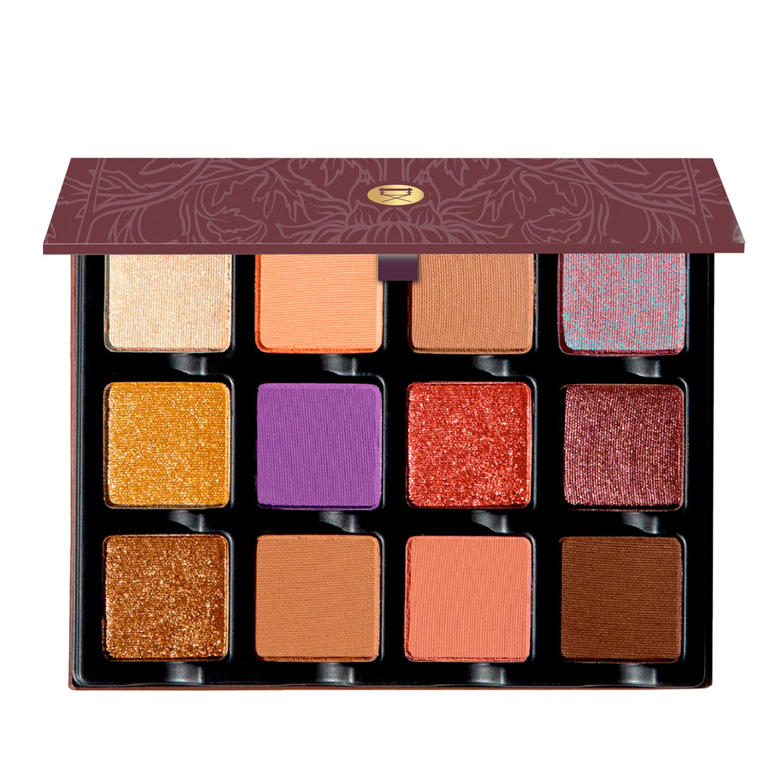 Open palette featuring taupe, espresso, and golden sand tones in matte, shimmer, and satin finishes for soft sculpt.