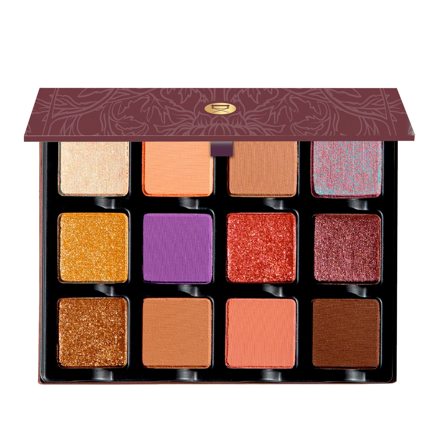 Open palette featuring taupe, espresso, and golden sand tones in matte, shimmer, and satin finishes for soft sculpt.