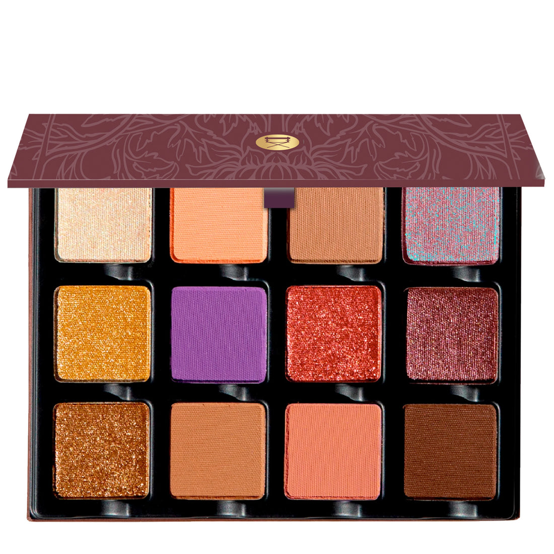 Open palette featuring taupe, espresso, and golden sand tones in matte, shimmer, and satin finishes for soft sculpt.