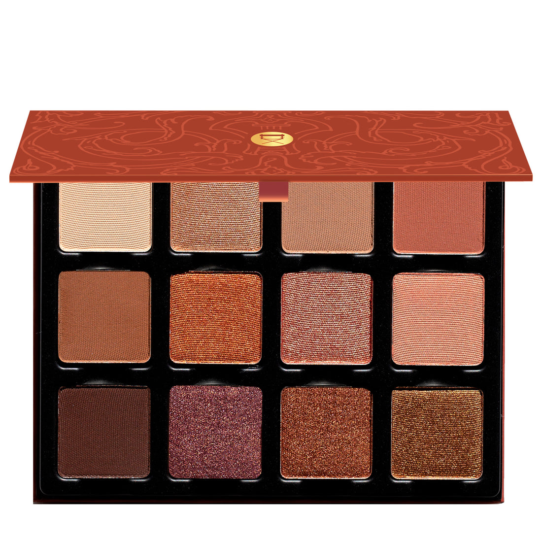 Open palette of rich warm neutrals including espresso, bronze, and terracotta with matte, satin, and shimmer finishes.