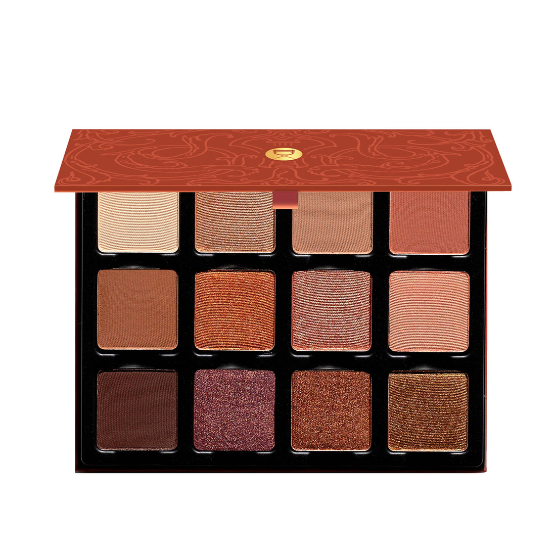 Open palette of rich warm neutrals including espresso, bronze, and terracotta with matte, satin, and shimmer finishes.