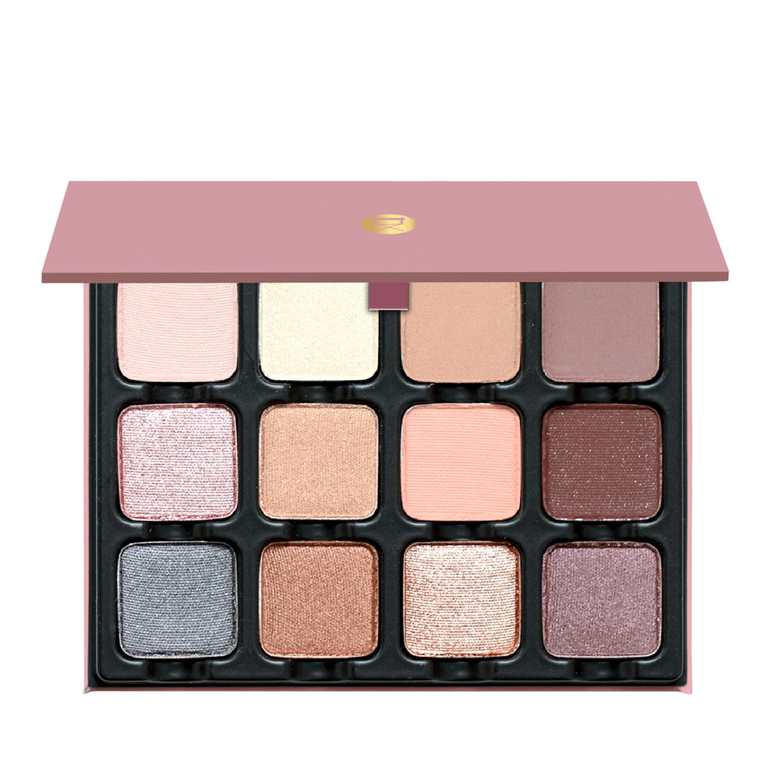 Open Paris Edit 12-pan palette on a white background showcasing swatches of dusty pink, mauve, camel brown, and smoky purple in matte, metallic, and satin finishes.