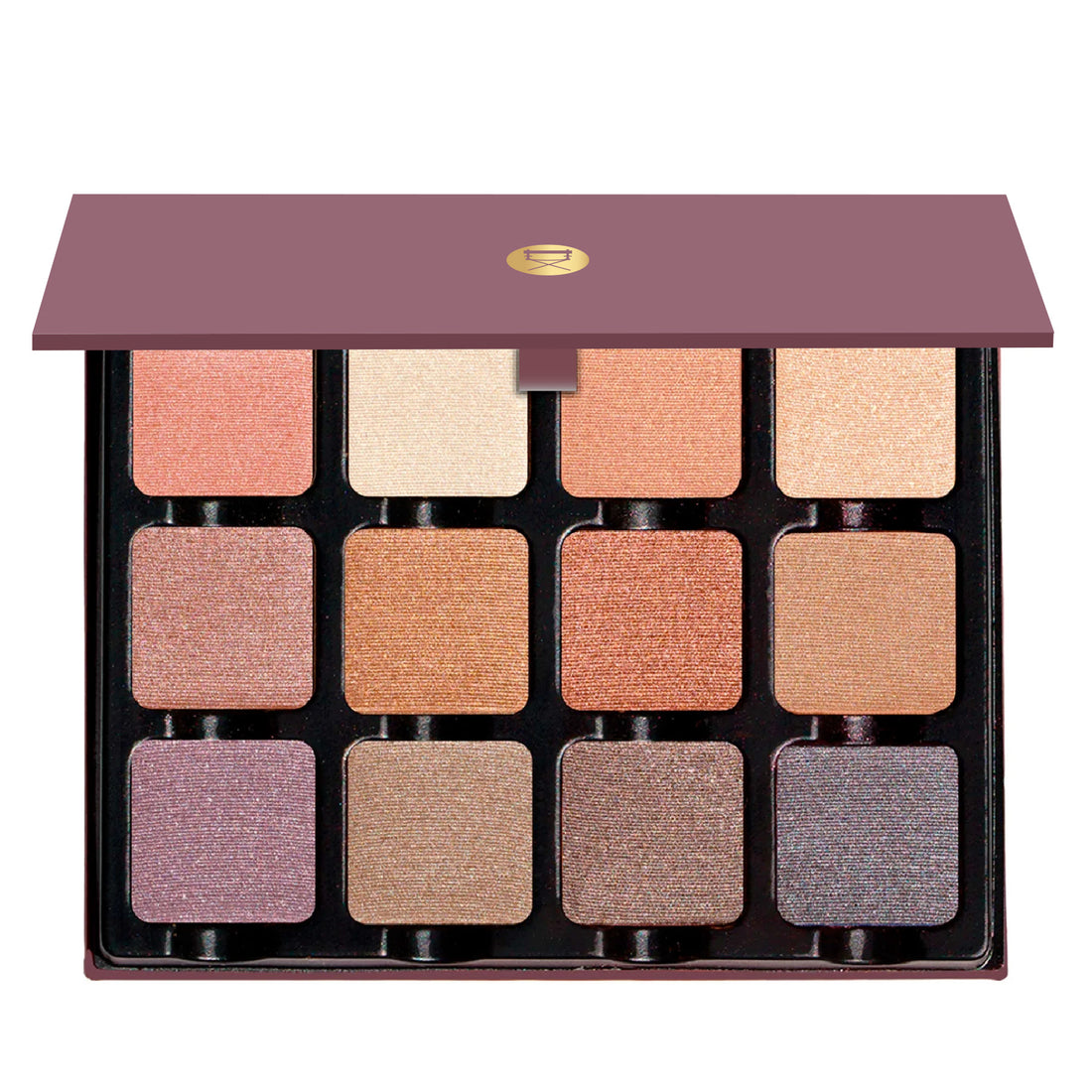 Open Petites Shimmers Paris Nudes 12-pan palette displaying 12 pressed powders in a range of nude, peach, rose and plum shades in satin, metallic, and shimmery hues.