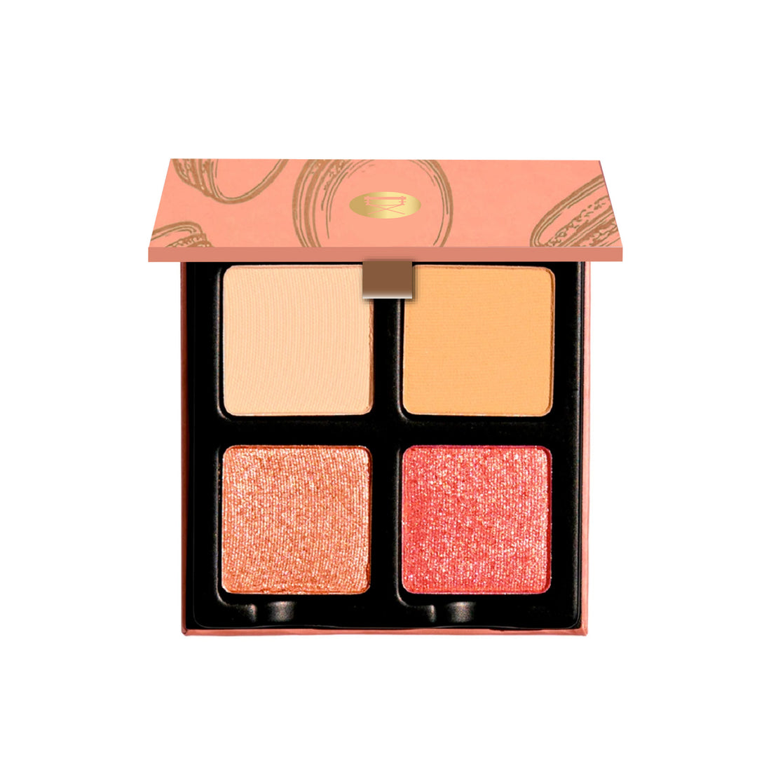 Open Petits Fours Pêche showing peach shimmer, coral satin, and soft apricot matte shades.