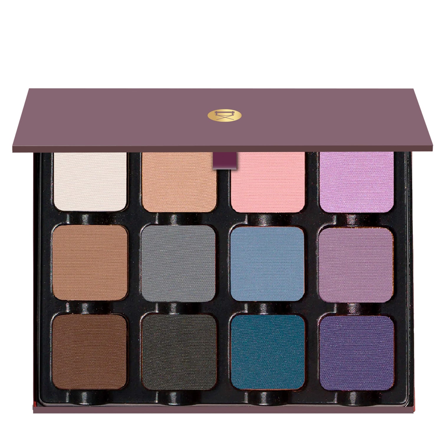 Open palette with cool matte shades in lilac, mauve, and taupe, perfect for soft sculpting and romantic tones.