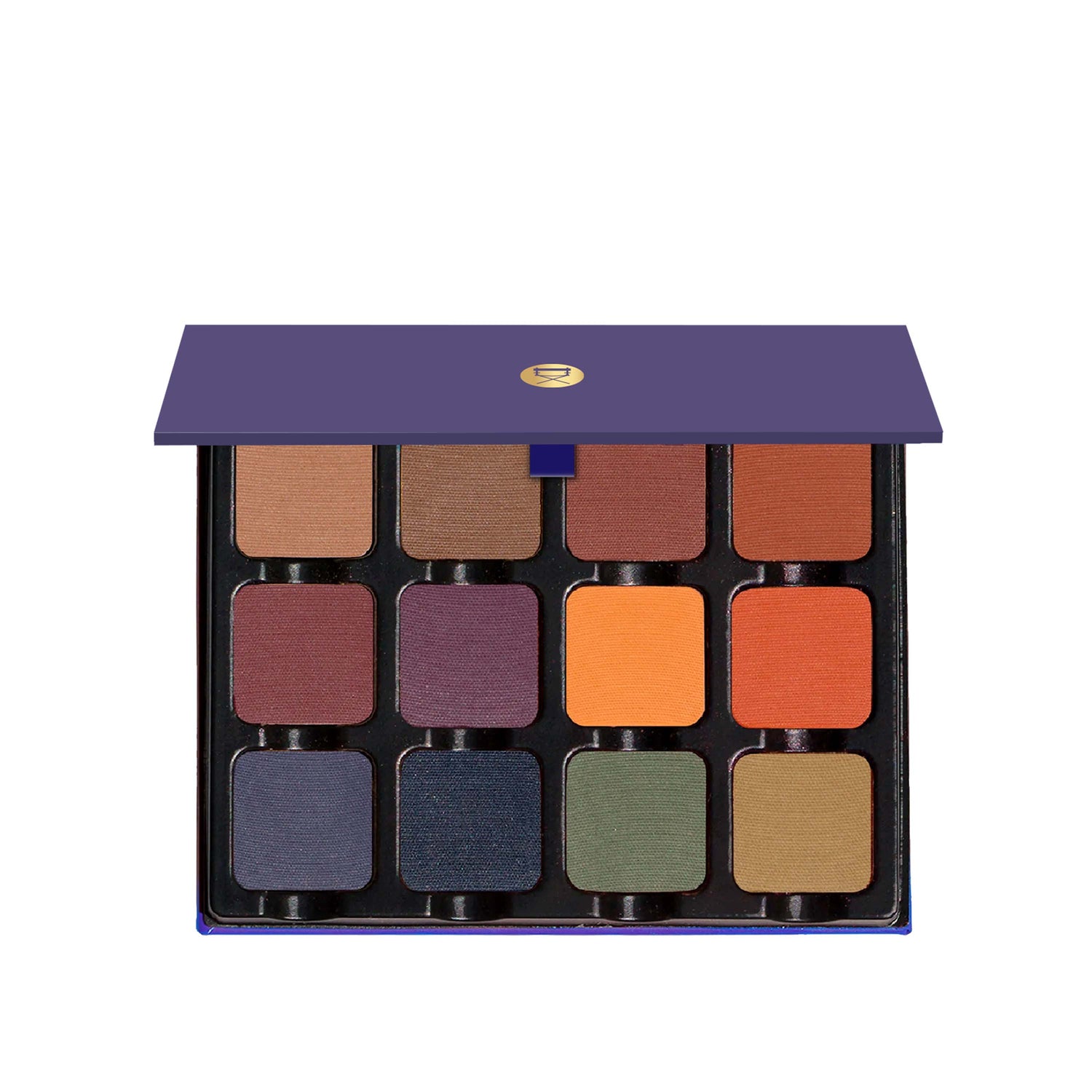 Open palette displaying deep matte hues like navy, plum, and bark brown for bold smoky or editorial looks.
