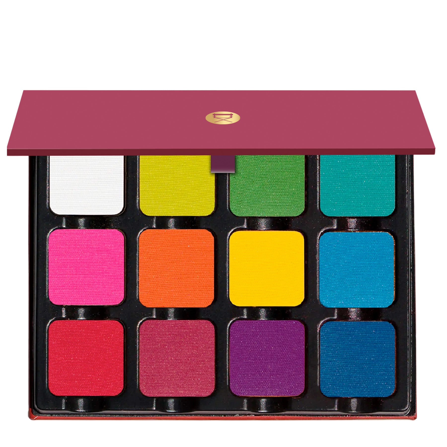 Open palette with 12 bright matte pigments including red, blue, yellow, and green, perfect for creative, editorial makeup.