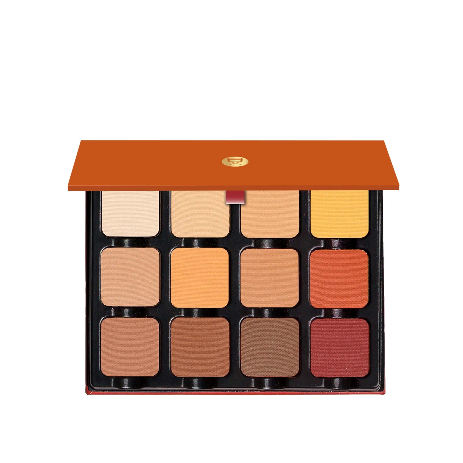 Open palette featuring warm matte tones like terracotta, sienna, and peach, designed for soft glam and bridal looks.
