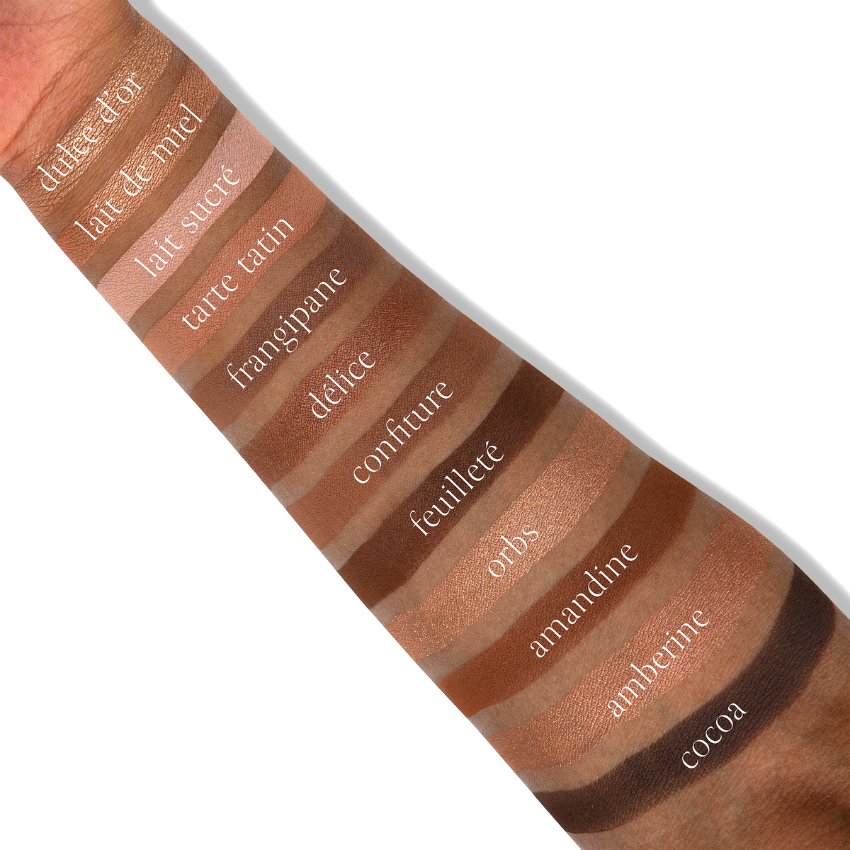 Praline Dulce Étendu eyeshadow swatches, matte, satin, shimmer, metallic finishes