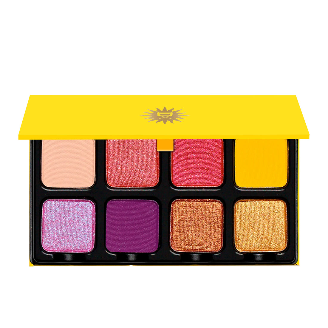 Open Petit Pro Soleil palette featuring bright citrus, coral, lavender, and golden shimmer tones