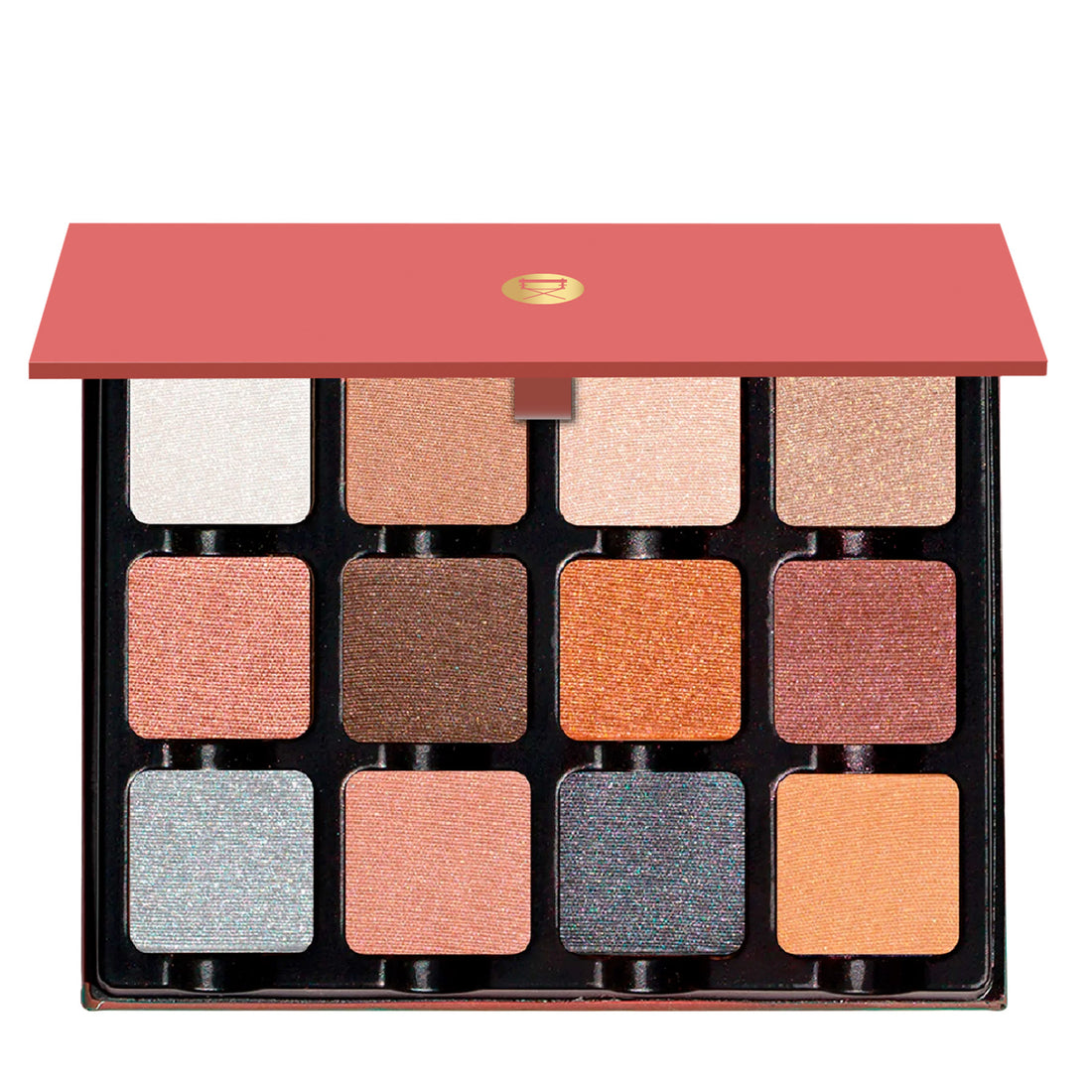 Open Petites Shimmers Sultry Muse 12-pan palette displaying 12 pressed powders in a range of warm brown, rose, copper, and silver shades in satin, metallic, and shimmer finishes.