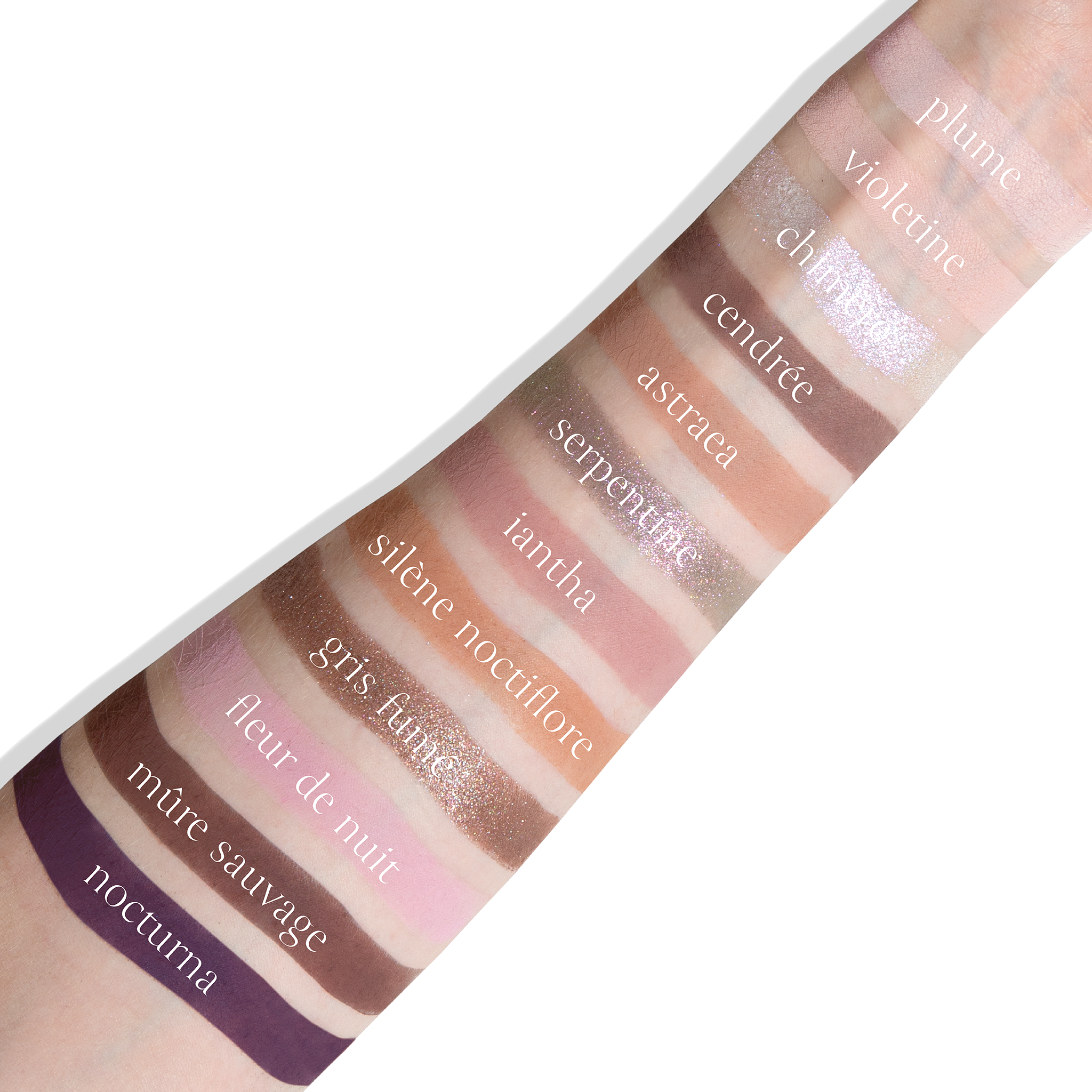 Swatches of Violette Nocturne Étendu shades on diverse skin tones