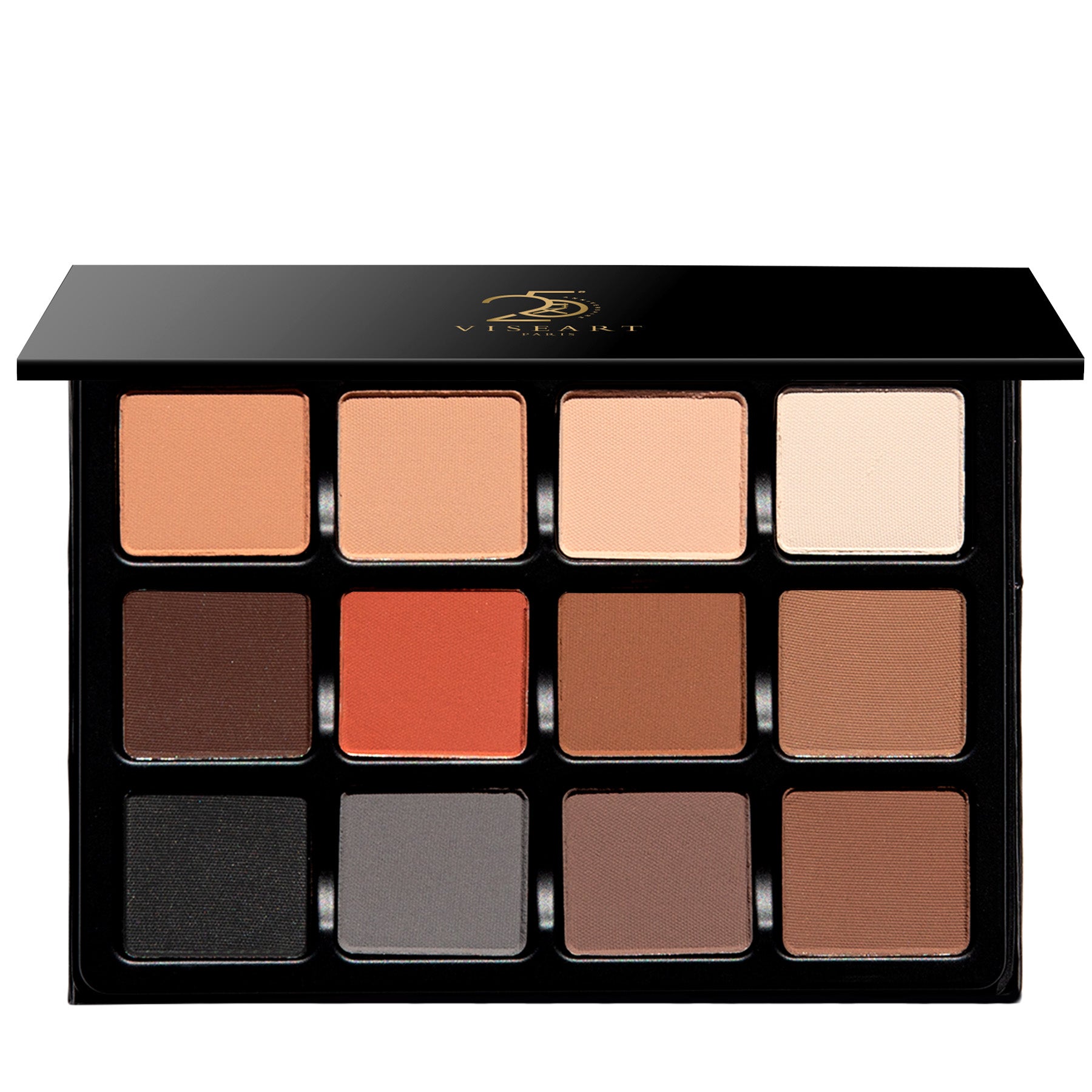 Open palette with all-matte neutral shades from ivory to bark brown, ideal for contour, lid, and brow work across all skin tones.
