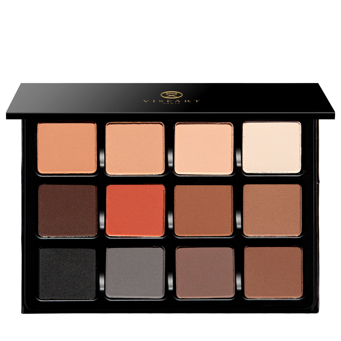 Open palette with all-matte neutral shades from ivory to bark brown, ideal for contour, lid, and brow work across all skin tones.
