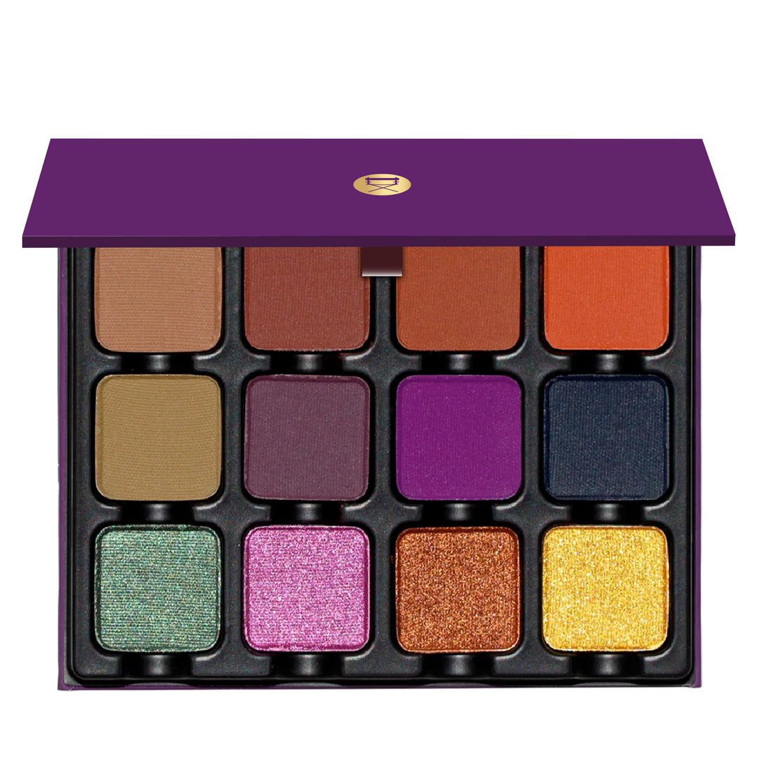 Open Dark Edit eyeshadow palette showing emerald, copper, plum, and gold shades in matte and shimmer finishes.