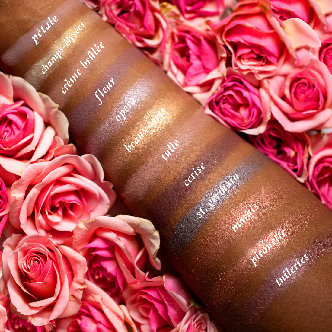 Swatches of eyeshadow powders from the Paris Edit palette on deep skin, showcasing versatile tones to highlight and emphasize the eyes.